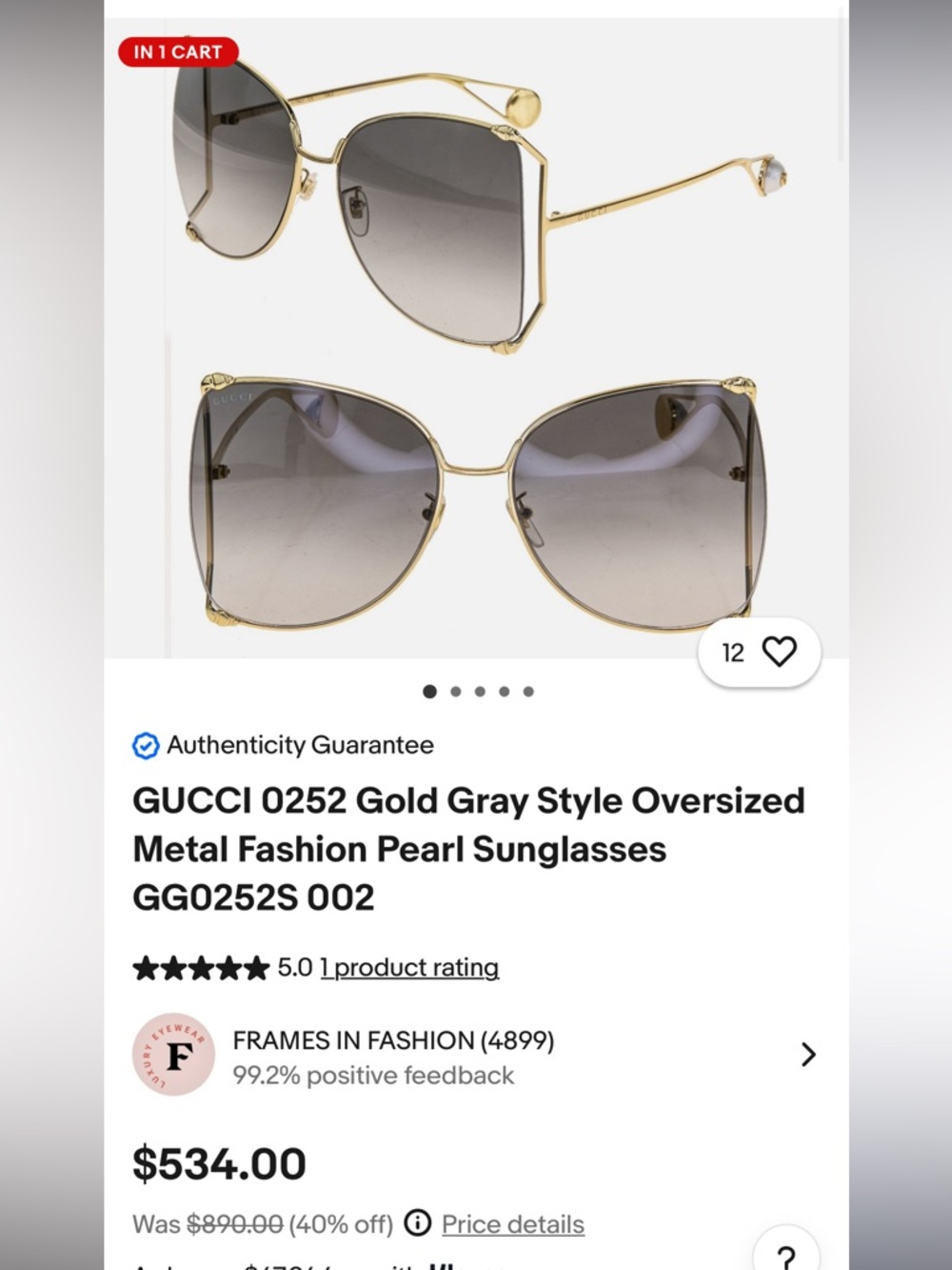 BIG SALE🫶🏻Gucci Gold Frame Gray Gradient Lens Women's Sunglasses - Picture 4 of 16